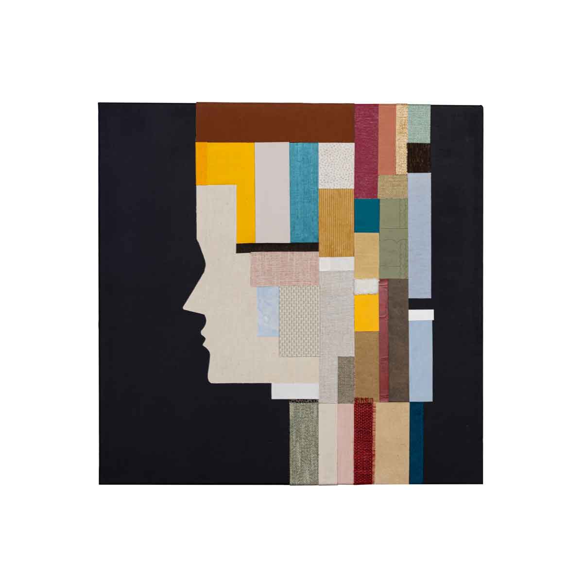 Right panel of Dialogue circular textile art diptych combining reclaimed silk, linen and textile textures