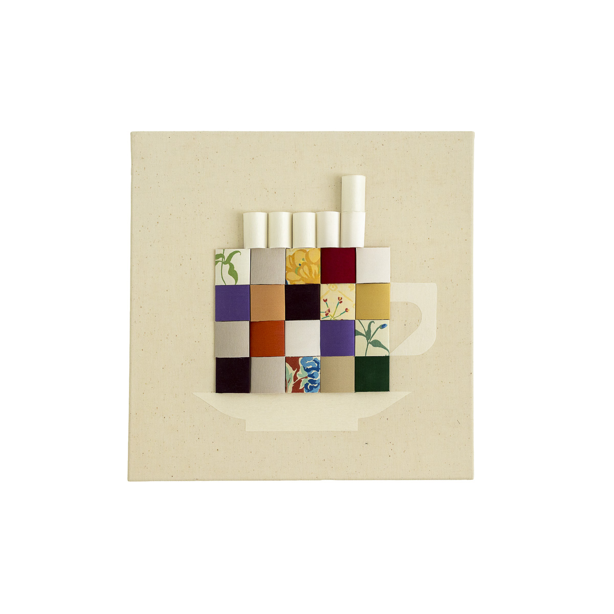 Upcycled textile wall art exploring memory and domestic heritage through reclaimed materials, panel right