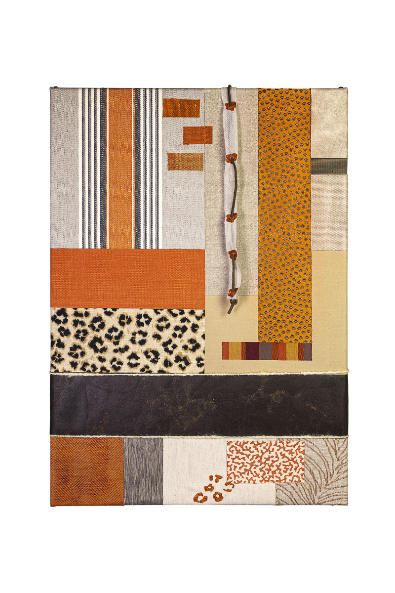 Tropic Grid , upcycled textile wall panels made from reclaimed fabrics in orange, ochre and earth tone